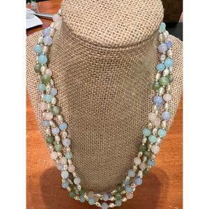 Vintage 3 strand necklace blue green beads faux rice pearls silver tone
